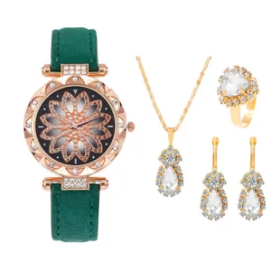 Set orologio al quarzo donna cinturino pelle verde quadrante fiore cristallo e gioielli.