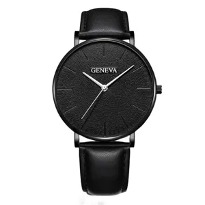 Montre quartz homme bracelet cuir noir minimaliste cadran rond élégant pour style quotidien.