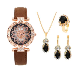 Orologio al Quarzo Donna Collana Orecchini Anello Set Gioielli Cinturino Marrone