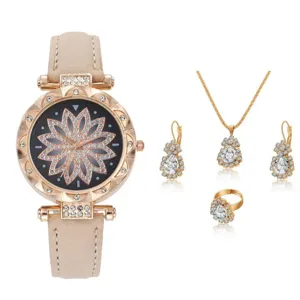 Set di gioielli con orologio al quarzo da donna collana orecchini anello quadrante floreale
