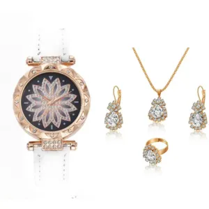 Elegante orologio al quarzo da donna con set di gioielli in cristallo luminoso.