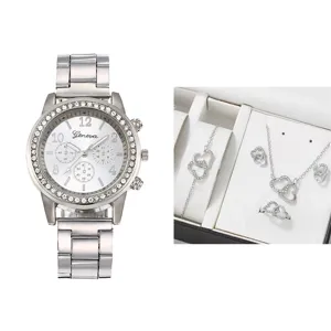 Set Orologio al quarzo donna 5pz bracciale acciaio strass collana anello orecchini argento