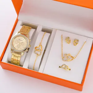Orologio quarzo oro e set gioielli cuore 5 pezzi elegante scatola regalo donna