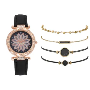 Set di orologio da polso al quarzo per donna con quattro bracciali moda design floreale.