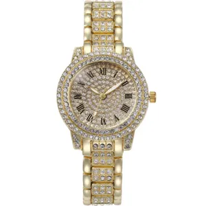 Donna lusso pieno diamante orologio quarzo vintage oro numero romano cinturino acciaio