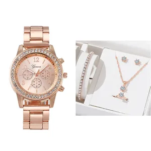 Orologio donna oro rosa al quarzo set di 5 pezzi con bracciale e collana di strass.