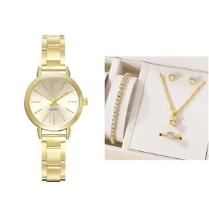 Vista dettagliata dell'orologio da donna al quarzo dorato e set di gioielli in cristallo.