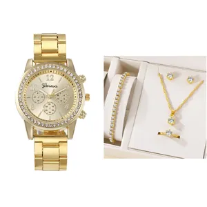 Orologio al quarzo con strass dorati e set regalo di gioielli coordinati, quadrante dettagliato.