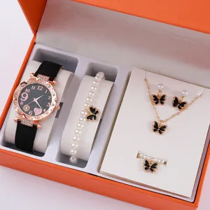 Set di orologi con farfalla alla moda da 5 pezzi con braccialetto di perle collana e orecchini