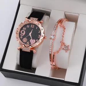Set orologio e bracciale da donna confezione regalo cinturino in pelle nera quadrante stellato