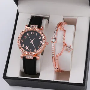 Set orologio e bracciale donna, orologio quarzo quadrante nero oro rosa con bracciale ciondolo stella.
