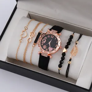 Set 5pz orologio donna quarzo cinturino pelle nera quadrante stelle scatola regalo