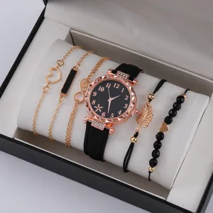 Set regalo orologio da polso donna al quarzo e quattro bracciali, cinturino nero.