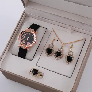 Set di 5 pezzi orologio collana orecchini anello da donna con cristalli a cuore nero.