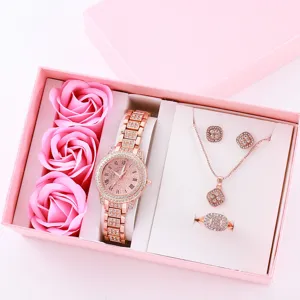 Set Regalo Orologio Donna Strass Oro Rosa Collana Orecchini Anello con Rose di Sapone
