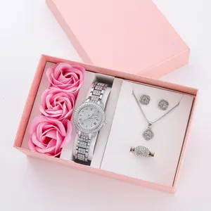 Set regalo orologio con strass da donna con rose rosa collana orecchini anelli eleganti