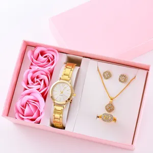 Set orologio donna con scatola regalo rosa quarzo collana orecchini anello quadrifoglio