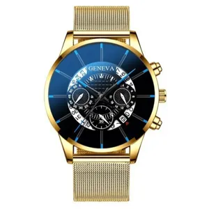 Orologio da uomo in oro al quarzo con quadrante sfumato blu e cinturino elegante in maglia d'acciaio.