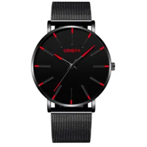 Orologio da polso al quarzo da uomo nero con cinturino in maglia e indici rossi.