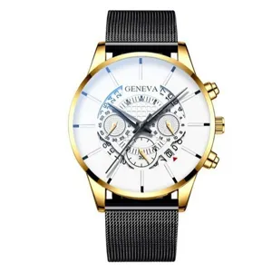 Orologio al quarzo da uomo con cassa dorata, quadrante bianco e cinturino in maglia nera.