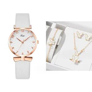 Orologio da polso donna al quarzo e set gioielli farfalla con cinturino bianco elegante.