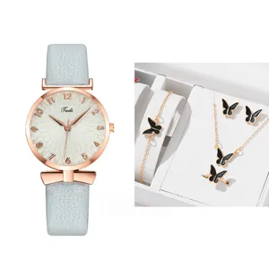 Orologio al quarzo da donna e set regalo di gioielli farfalla nera con cassa oro rosa.