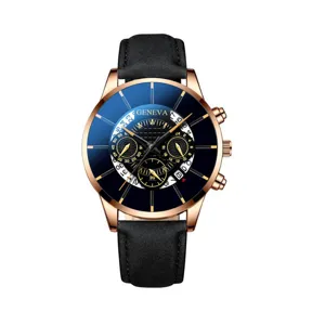 Elegante orologio da polso al quarzo da uomo con quadrante blu e cinturino in pelle.