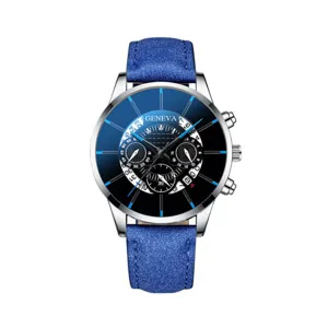 Orologio al quarzo da uomo con cinturino in pelle blu, cassa argentata e quadrante rotondo.