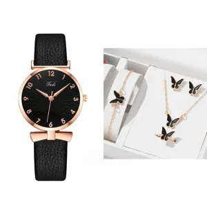 Orologio donna al quarzo moda con set regalo gioielli farfalla, cinturino in pelle.