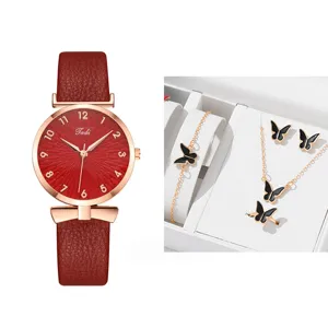 Set regalo orologio donna al quarzo con cinturino in pelle rossa e set gioielli farfalla.