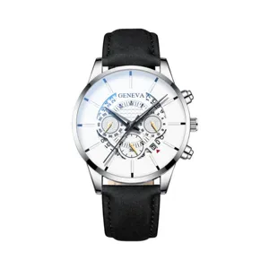 Vista dettagliata dell'elegante orologio da uomo al quarzo con quadrante bianco e cinturino.