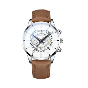 Orologio al quarzo da uomo con cinturino in pelle marrone e quadrante bianco casual.