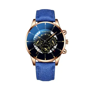 Orologio uomo al quarzo cinturino pelle blu cassa oro rosa casual moda lusso nuovo