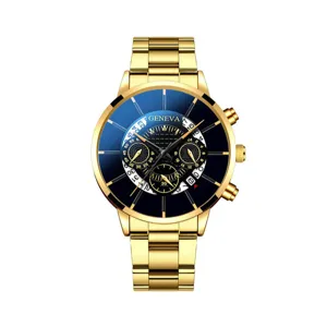 Orologio da uomo in oro al quarzo di lusso con quadrante blu e cinturino in metallo.