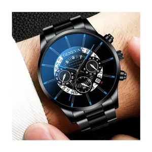 Orologio al quarzo uomo cinturino acciaio inossidabile nero quadrante blu moda casual polso