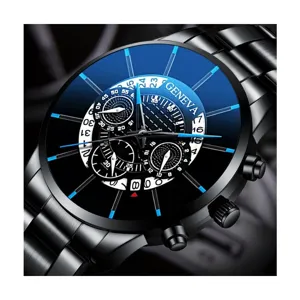 Elegante orologio da polso al quarzo da uomo con cinturino in acciaio nero e quadrante blu.