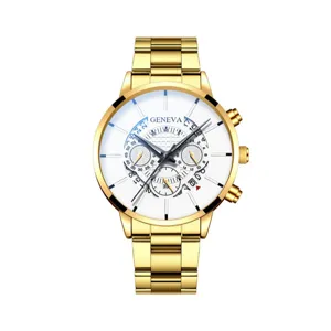 Orologio al quarzo da uomo con cinturino in metallo dorato e quadrante bianco.