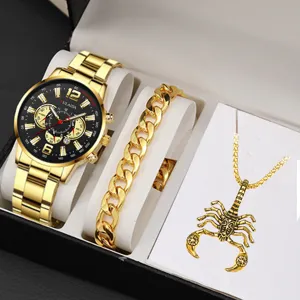 Elegante set di orologio dorato, bracciale robusto e collana con scorpione da uomo.