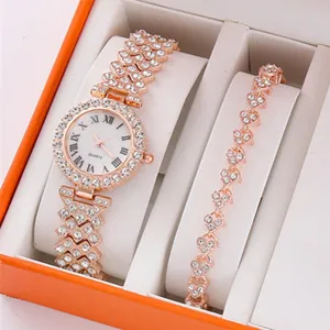 Luxury rhinestone women watch and bracelet gift set, elegant rose gold quartz timepiece.
