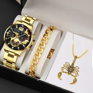 Uomini lusso oro orologio bracciale e collana scorpione regalo set quarzo