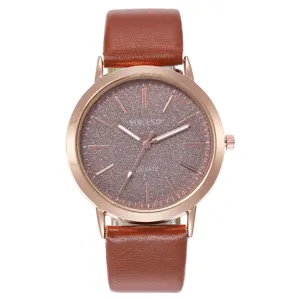 Orologio da donna al quarzo con cinturino in pelle marrone e cassa tonda oro rosa quadrante glitter.