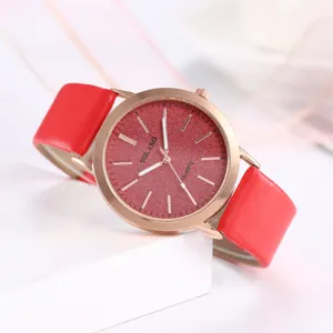 Orologio al quarzo da donna rosso elegante con quadrante glitterato e cinturino in pelle