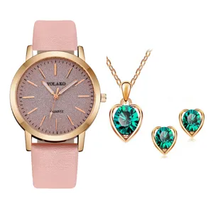 Orologio al quarzo donna cinturino pelle rosa con set gioielli cuore cristallo verde