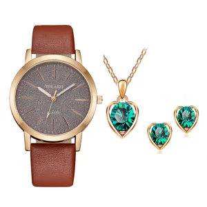 Set orologio donna alquarzo con collana orecchini cuore cristallo verde cinturino pelle