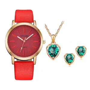 Orologio donna al quarzo cinturino rosso con collana e orecchini cuore cristallo dettaglio.