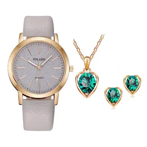 Orologio donna quarzo collana cuore cristallo verde orecchini set di gioielli eleganti