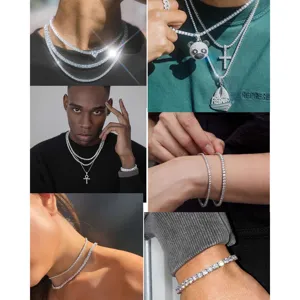 Ensemble collier et bracelet tennis en moissonite étincelante, bijoux hip-hop pour homme.