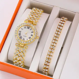 Orologio al Quarzo da Donna di Lusso in Lega con Strass Numeri Romani Orologio da Polso Analogico con Set di Gioielli con Bracciale
