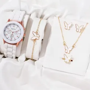 Orologio quarzo cinturino silicone bianco con set gioielli farfalla oro dettaglio.