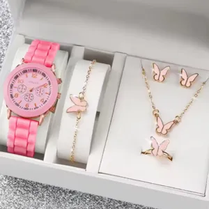 Orologio donna al quarzo cinturino silicone rosa con bracciale farfalla collana anello set regalo